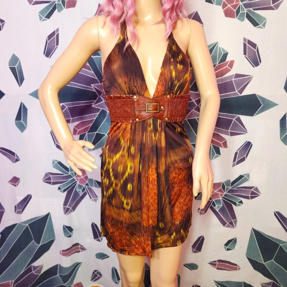 Sky Clothing XS Super Unique Club Cocktail Halter Dress built-in leather belt